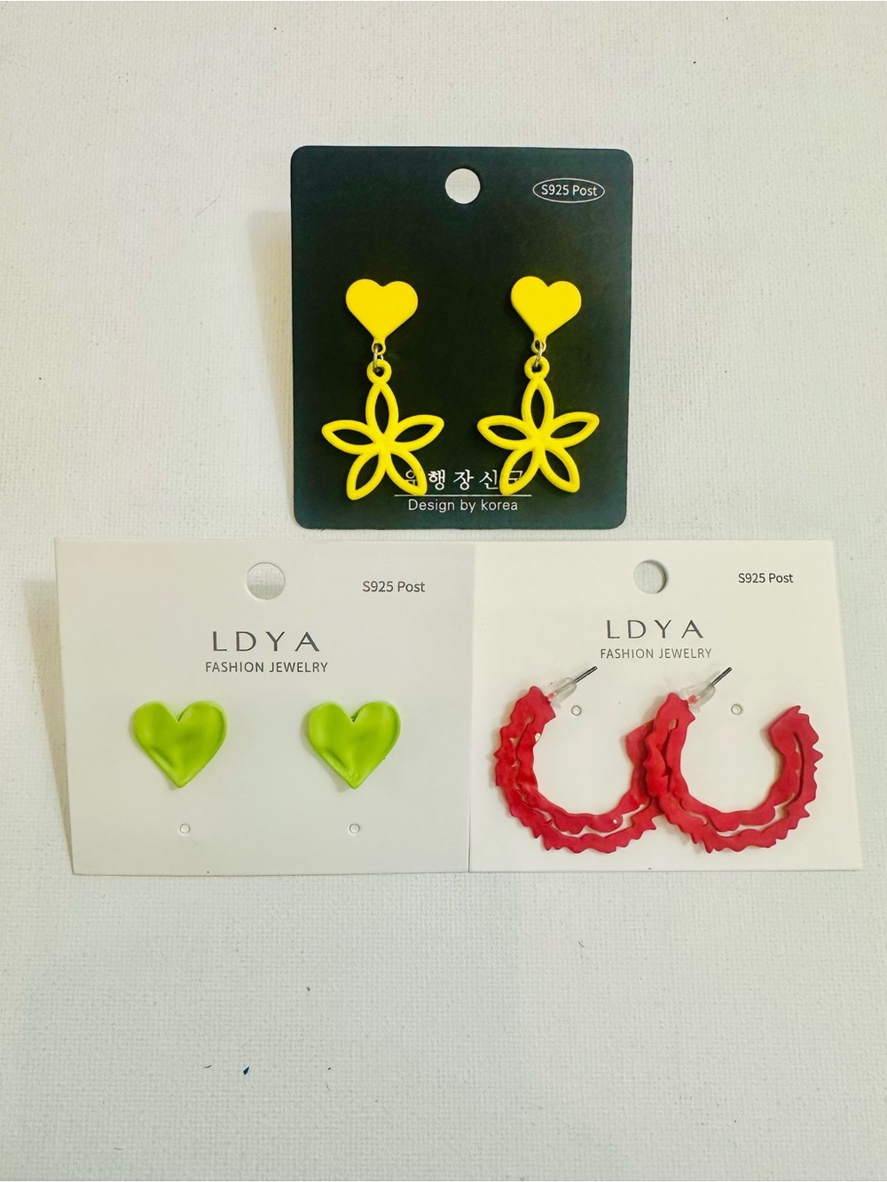 3-Pair Colorful Statement Earrings Bundle Hearts Flowers Hoops
